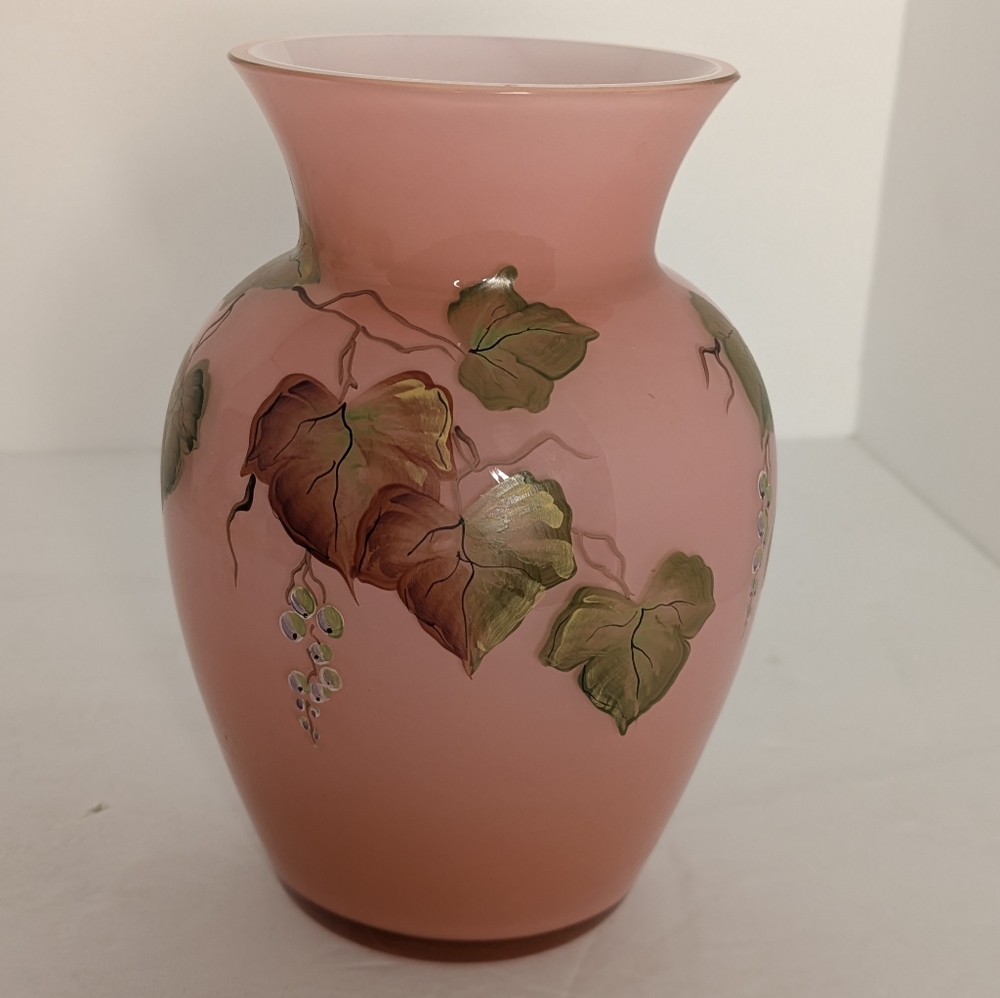 Fenton Art Glass Vase Hand Painted Autumn Leaves Signed Numbered Cased Glass